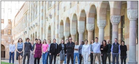 The UQ Molecular Clamp Vaccines Team outside the University of Queensland's Great Court